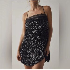 Intimately Free People That Girl Sequin Lace Slip Mini Dress in Black